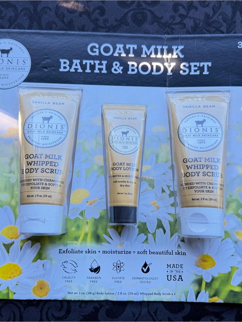 NEW Dionis Goat Milk Bath & Body Gift Set Vanilla Bean 3 Pc Whipped Scrub Lotion